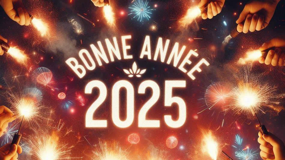 Image des célébrations du Nouvel An 2025, avec des amis qui allument des fusées éclairantes pour se féliciter.