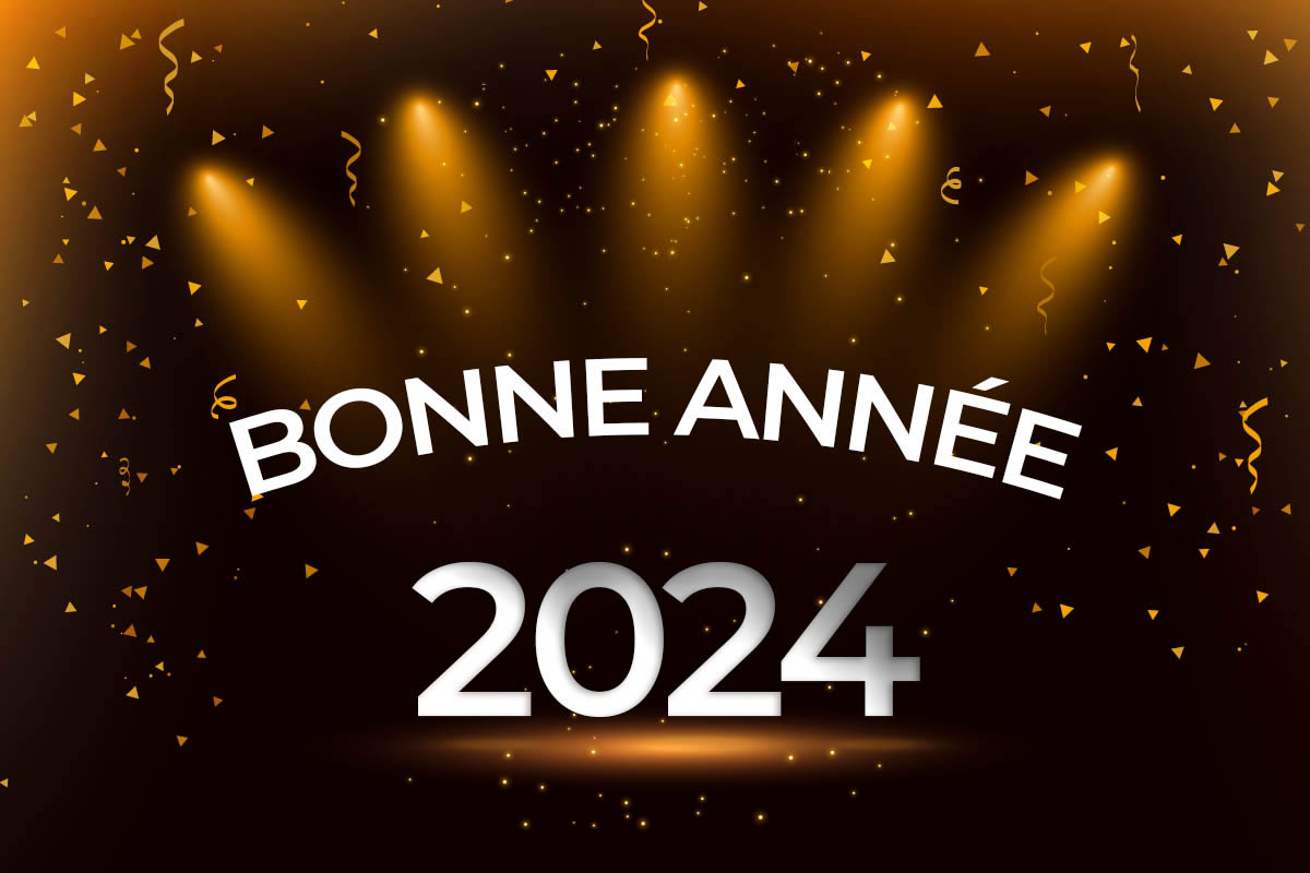 Image 2024 avec une scène décorée et une message de bonne année 2024