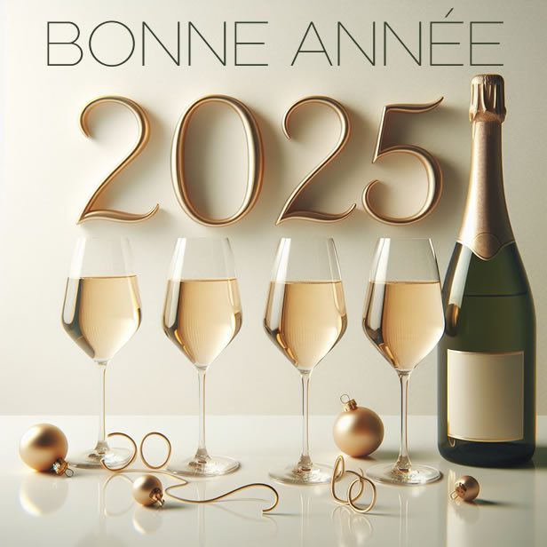 Image de nouvel an avec message de voeux de bonne année. Verres de pain grillé prosecco à l'arrivée de 2025.