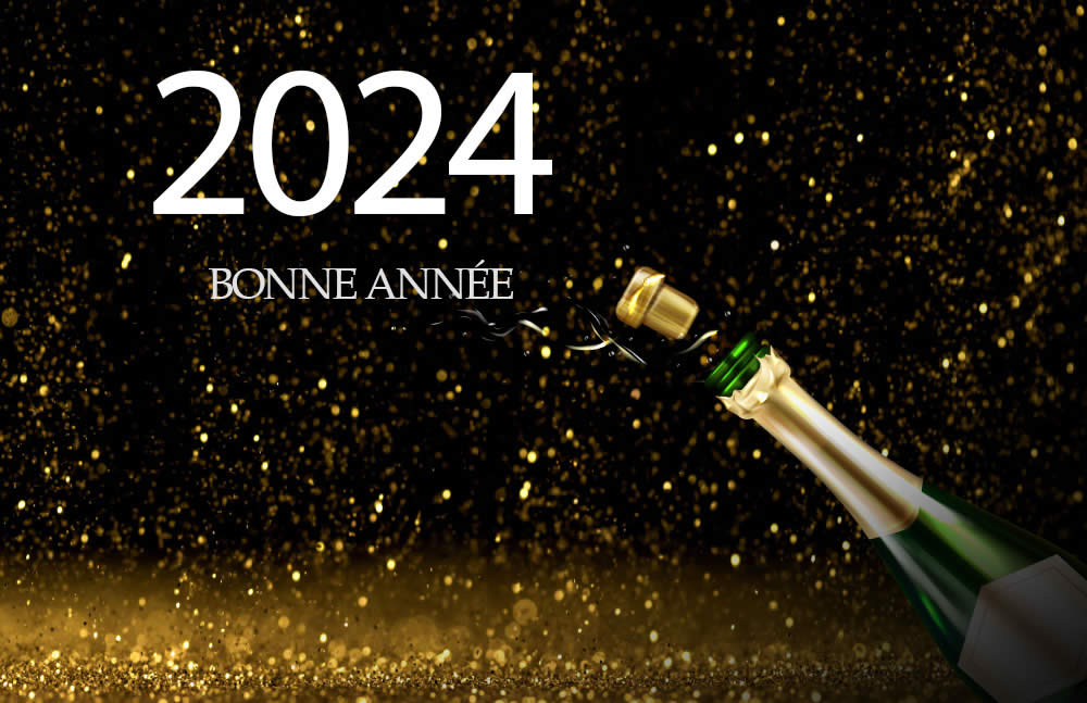 Images toast salutation avec bouteille de prosecco pour la nouvelle année 2024 et messages de bonne année