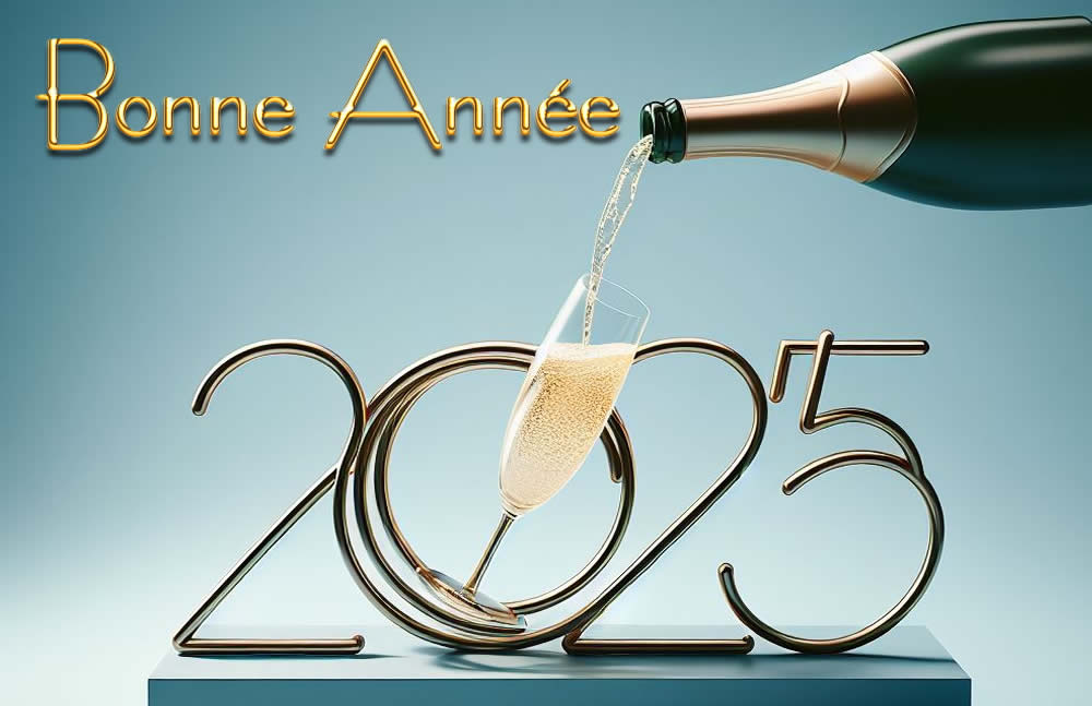 Images toast salutation avec bouteille de prosecco pour la nouvelle année 2025 et messages de bonne année