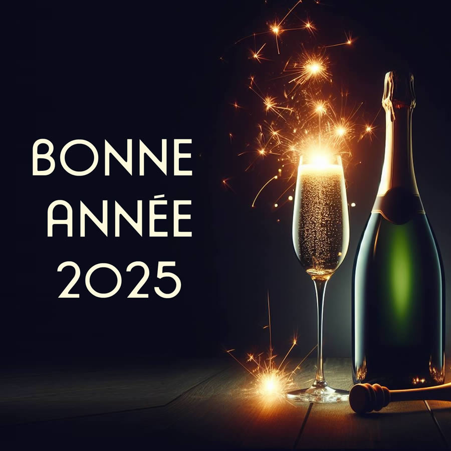 Image de voeux de bonne année avec verre pour porter un toast à la nouvelle année 2025