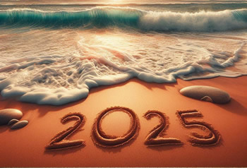 Image de voeux avec le numéro 2025 écrit dans le sable