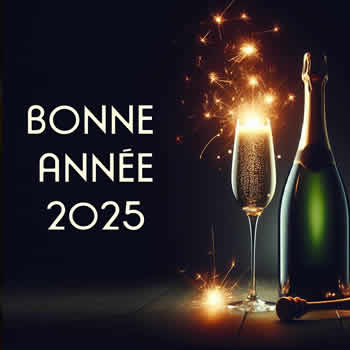 Image avec des flûte de prosecco et bonne année 2025 écrite