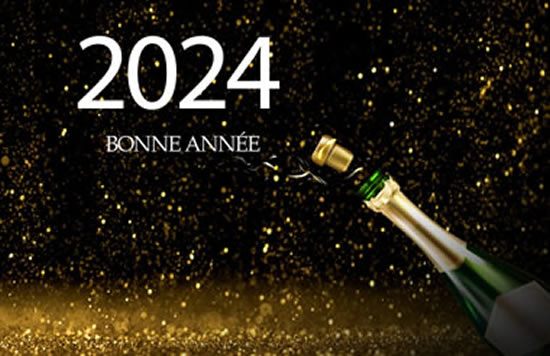 Image toast avec une bouteille de prosecco pour souhaiter une bonne année 2024.