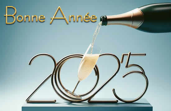 Image toast avec une bouteille de prosecco pour souhaiter une bonne année 2025.